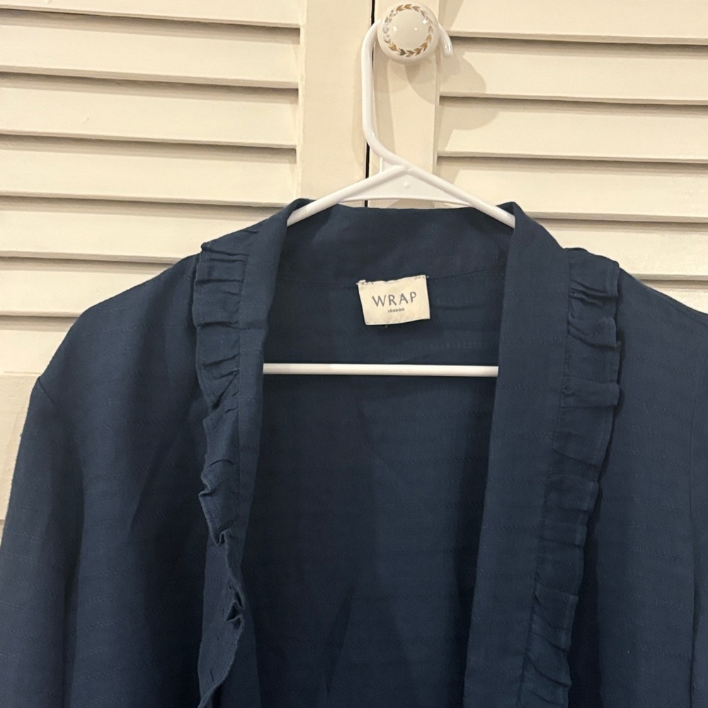 Navy Ruffled Wrap Linen Blouse - Picture 3 of 10